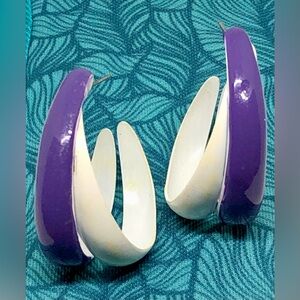 Vintage Purple and White Enamel Double Oval Open Hoop Post Earrings Retro Modern